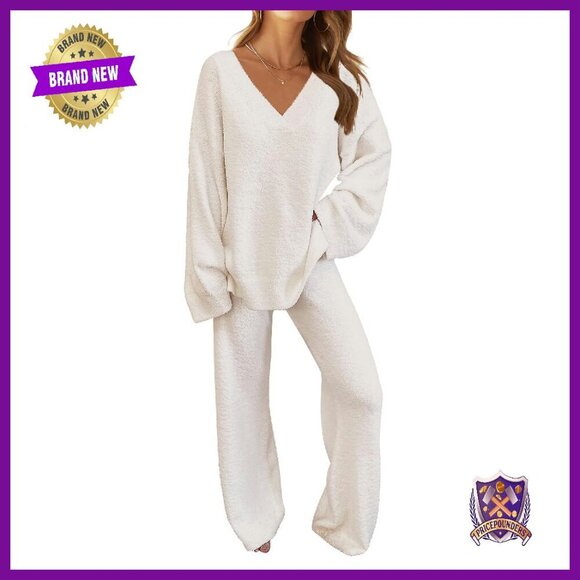 Other - Fuzzy Fleece Loungewear Set V-Neck Sweater Wide Leg Pants Winter